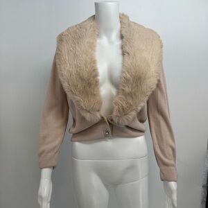 Vtg Pin Up TURBO ORLON  Short Cardigan Sweater Fur Shawl Collar  Size M/L-?